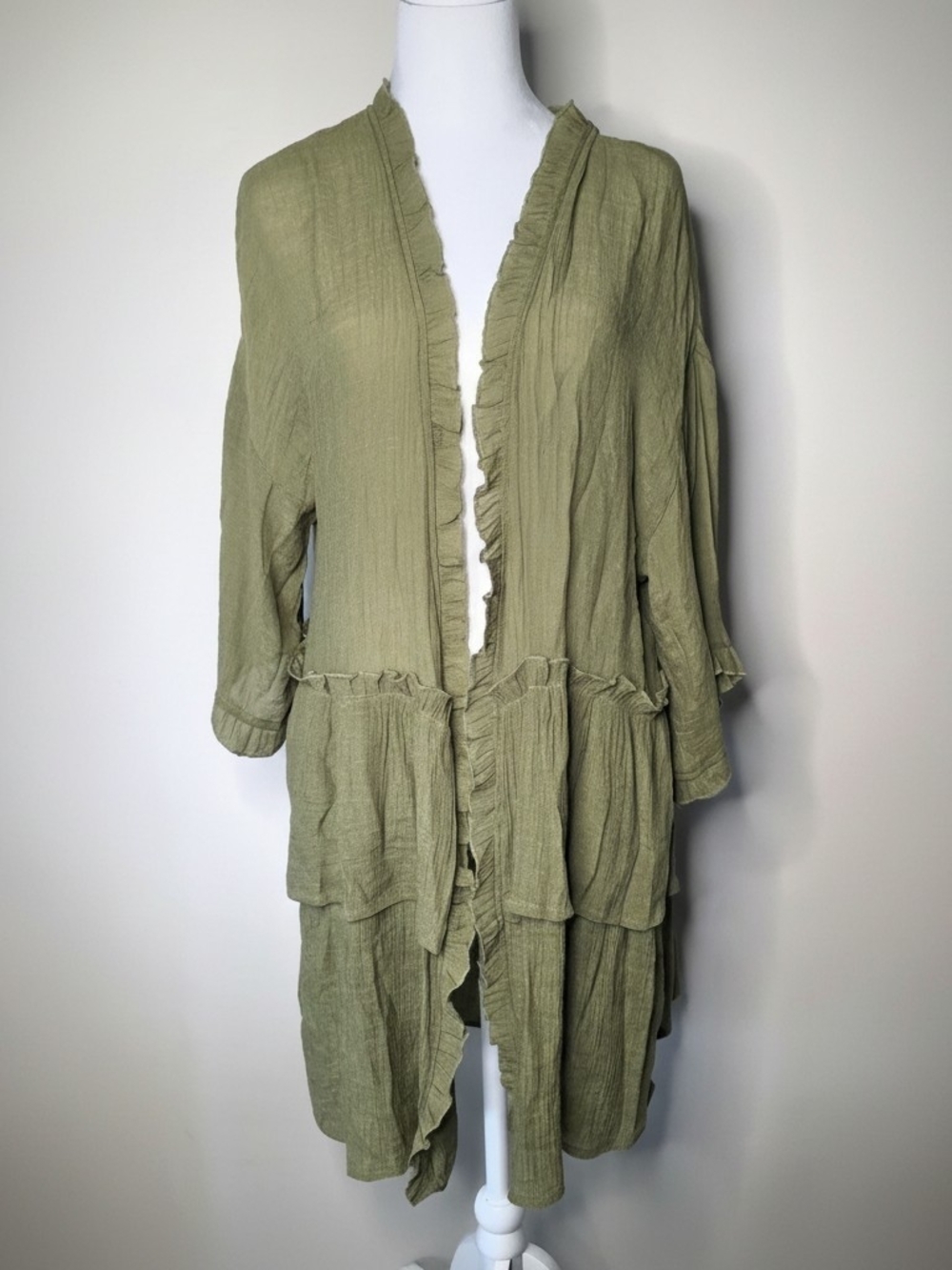 Easel Olive Tencel Ruffle Duster Cardigan Boho M - Picture 2 of 10